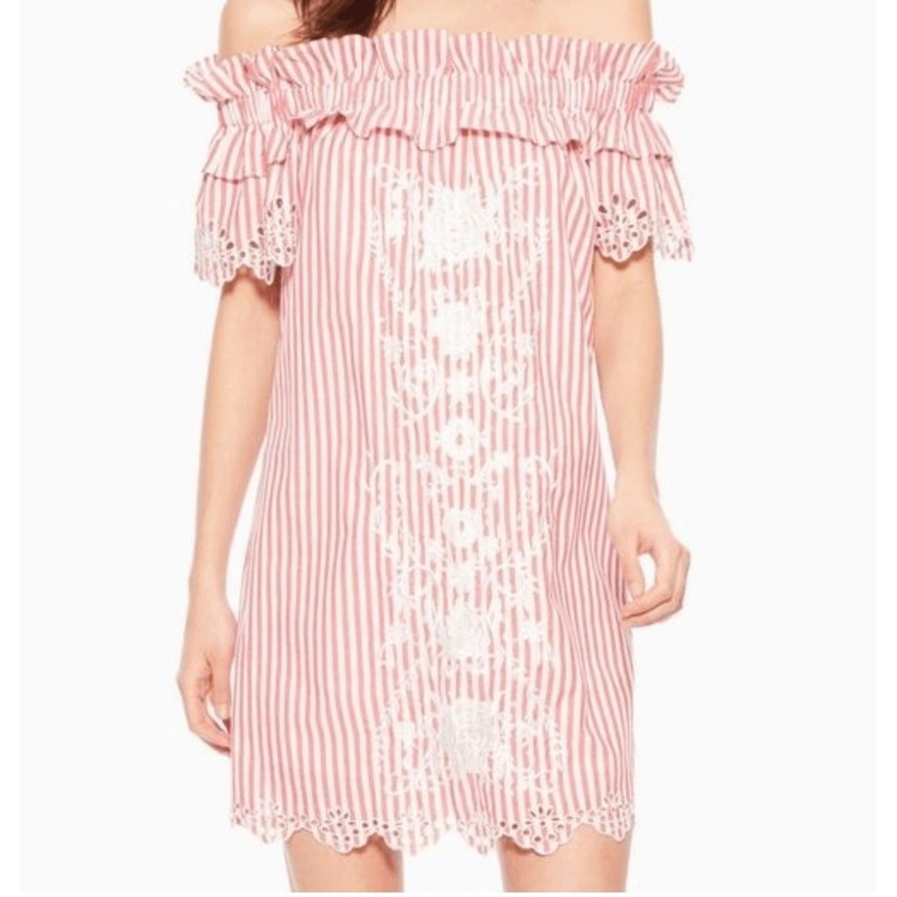 Parker Red White Striped‎ Off Shoulder Embroidered Eyelet Mini Dress Womens XS